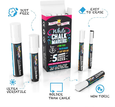 CHALKY CROWN 5pc White Chalk Markers, Non-Toxic Liquid Chalkboard Markers for Windows