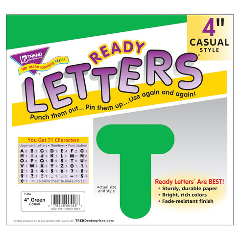 Trend Green Casual Uppercase Ready Letters, 4-Inch, Bulletin Board Decor, 75 Pieces