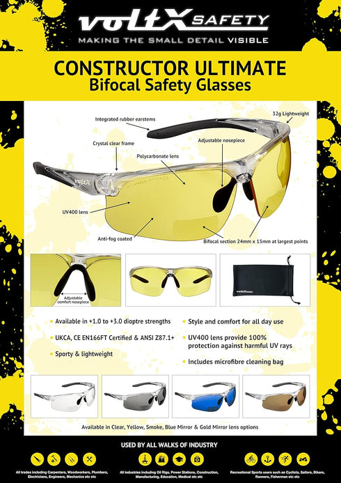 voltX 'Constructor Ultimate' Bifocal Reading Safety Glasses, Clear Frame, Yellow Lens +2.5 Dioptre, Anti Fog Coated