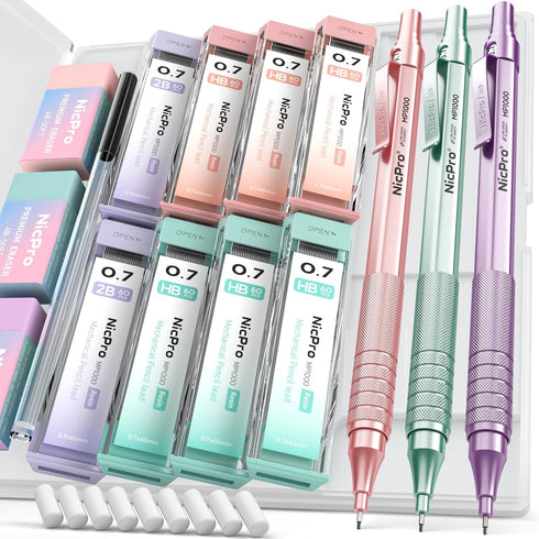 Nicpro 0.7 mm Mechanical Pencils Set - 3PCS Metal Drafting Pencil with Case, 480 PCS HB Pencil Leads, 3 Erasers for