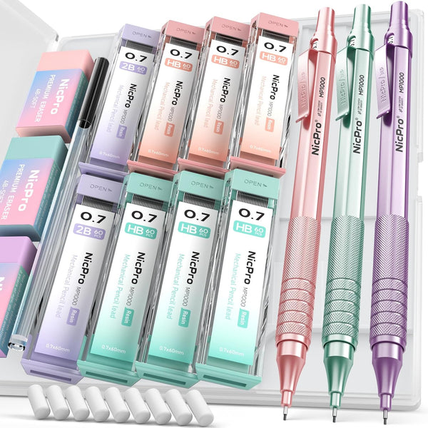 Nicpro 0.7 mm Mechanical Pencils Set - 3PCS Metal Drafting Pencil with Case, 480 PCS HB Pencil Leads, 3 Erasers for