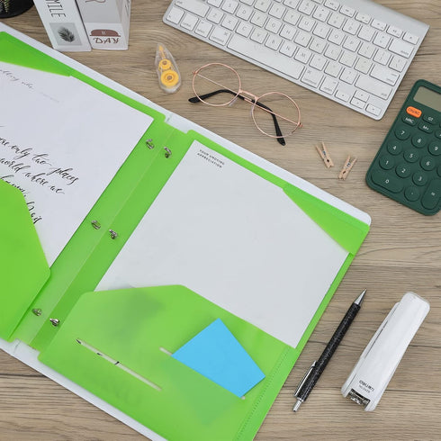 EOOUT 10pcs Colorful File Folders, Plastic with Pocket and 2 Business Card Slots, 3 Hole Punch for Binder