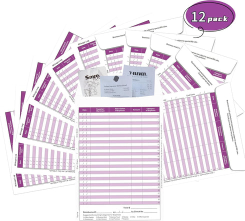 Receipts Envelope,Receipts Organizer,Expense Envelope, Auto Mileage,Business Expense Tracker, Business Expense Record Log Organizer Envelope ,12pack (Purple) by YvnShine