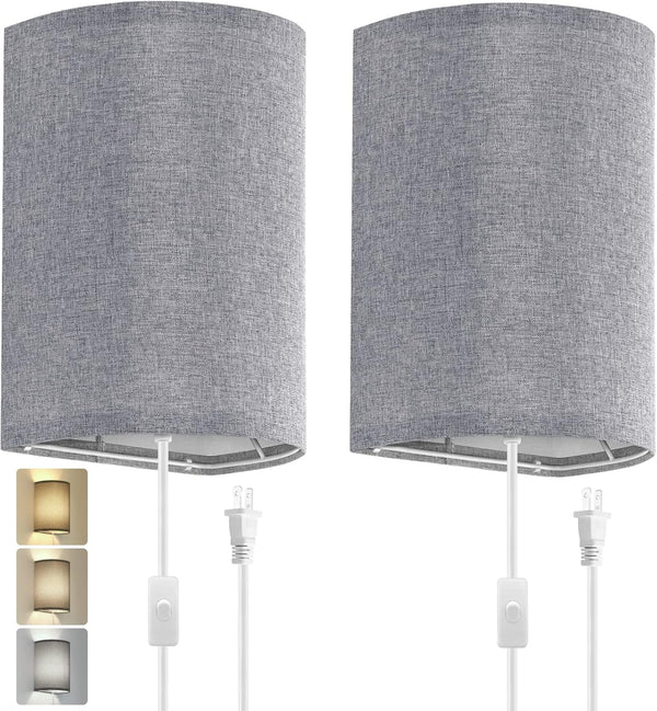 Wall Sconces Set of Two, Fabric Shades Plug in Wall Sconces, 3