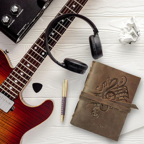 Leather Bound Journal for Men and Women, Handmade Gift Set, Music Notes Embossed Journal, Vintage Classic, 300 Pages