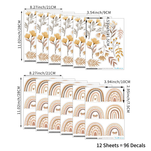 Set 96 (12 YouRfocus Boho Rainbow Floral Wall Decals for Nursery & Kids Room of Removable Peel and Stick Wall Stickers