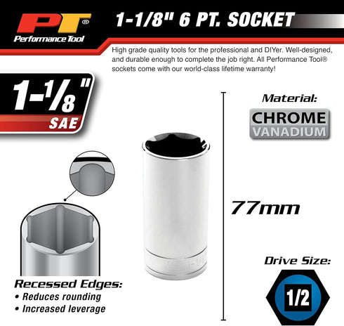 Performance Tool W32336 1/2 Drive 6-Point Socket, 1-1/8