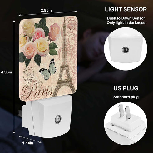 Jahiona White,0.5W LED Night Light Lamp with Smart Sensor Dusk to Dawn Sensor,Paris Flower Eiffel Towel with Rose Night
