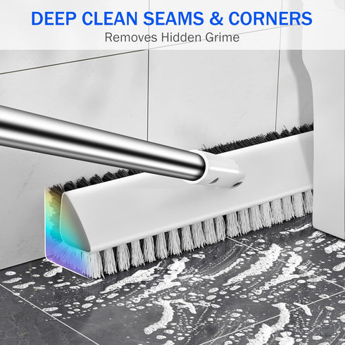 TidyTale 180 Grout Brush with Long Heavy Duty Handle, Swivel Floor Scrub Brush, V-Shaped Grout Line Scrubber with Stiff