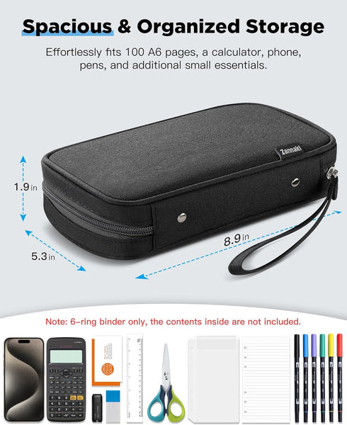 Zannaki A6 Zipper Binder, 6 Ring Personal Planner Journal, Budget Binder Cover Case, Black Portable Organizer