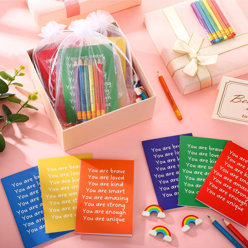 Spakon 48 Sets Rainbow Gifts for Students, Mini Pocket Notepads, Colorful Pencils, Cute Erasers with Organza Bags