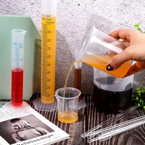 23Pcs Plastic Graduated Cylinders Beakers Set, 6 Clear Cylinders 25/50/100/250/500/1000ml, 4 Beakers 10/25/50/100ml