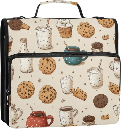 Fisyme 3 Milk and Cookies Cute Zipper Binder Ring with Zipper and Shoulder Strap Large Capacity Multi-Pocket Binder