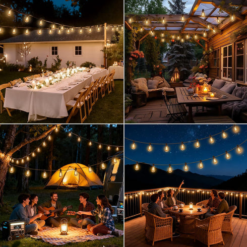 ST38 Bulbs, (66FT) Solar String Lights Outdoor Waterproof with Remote & Timer, LED Shatterproof USB & Solar Powered