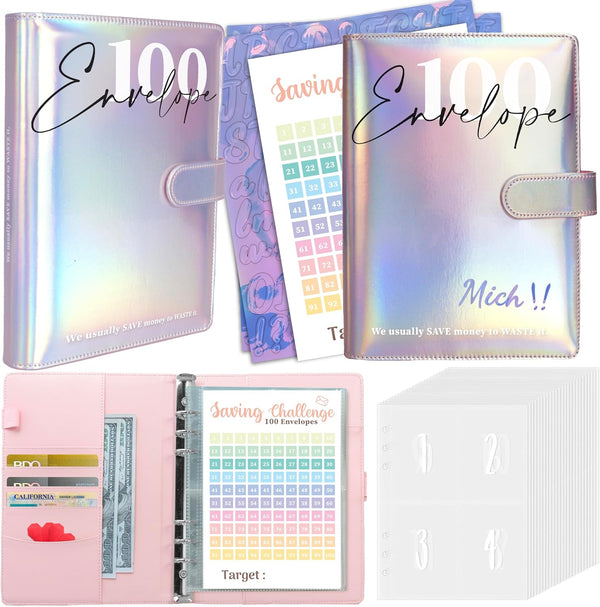 Axolotl Money Saving Challenge Binder, 100 Envelopes, A5 Budget Planner with Cash Envelopes, Laser Silver