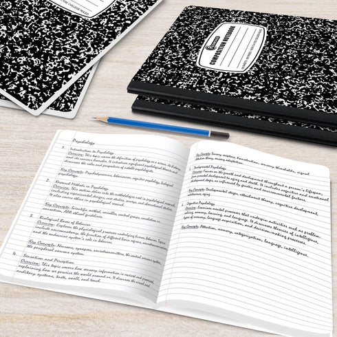 College Ruled Composition Notebooks, 5 Pack, 200 Pages (100 Sheets), 9-3/4" x 7-1/2", White & Black Marble, Hard Cover