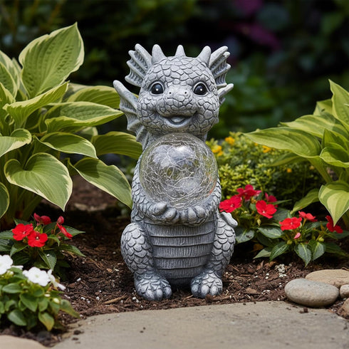 Solar Garden Decorations - Dragon Statue with Crackle Glass Ball Light - Garden Decor for Patio, Yard, Lawn, Pathway