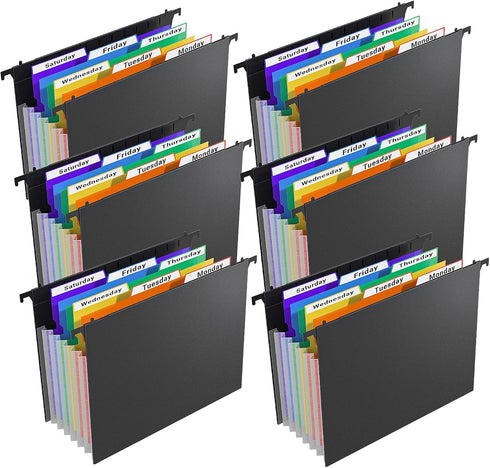 Plastic Expanding Hanging File Folders, 1/3-Cut Tab, 7 Pockets, Multi-Color Tabs, Large Capacity, Letter Size (6 PCS)