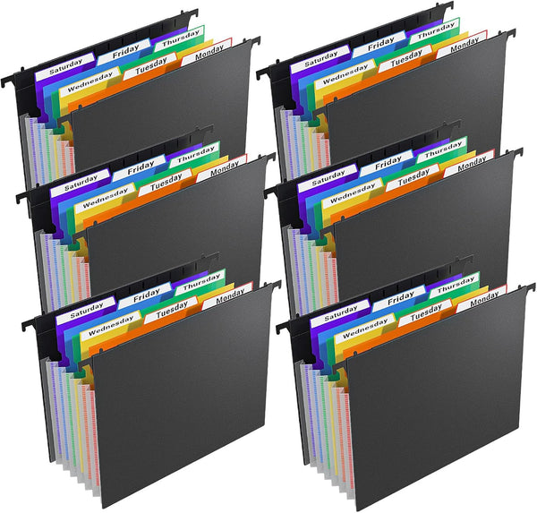 Plastic Expanding Hanging File Folders, 1/3-Cut Tab, 7 Pockets, Multi-Color Tabs, Large Capacity, Letter Size (6 PCS)