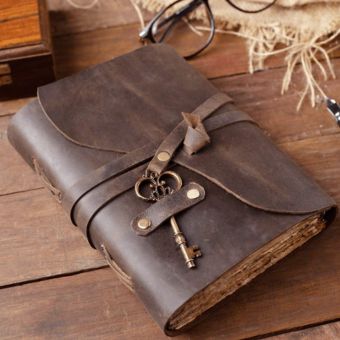 Vintage Leather Journal - Antique Handmade Deckle Edge Leather Bound Sketchbook, 9"x6"