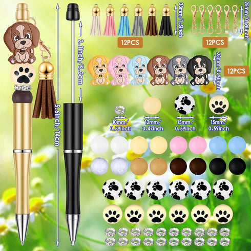 Teling 12 Pcs Plastic Beadable Black Ink Ballpoint Pens with Assorted Spacer Beads, Tassels, and Lobster Clasps for DIY