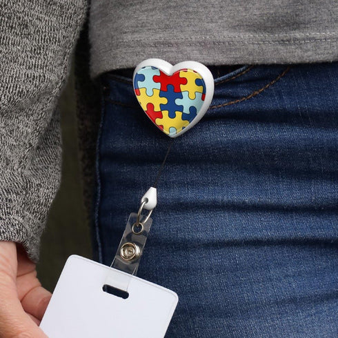 Autism Awareness Diversity Puzzle Pieces Heart Lanyard, Retractable Reel Badge ID Card Holder - White