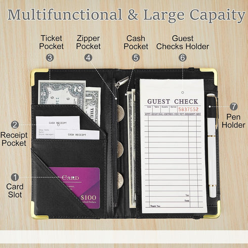 Server Book, Server Books for Waitress with Zipper Pocket, Cute Waitress Book with Pen Holder, PU Leather Serving Books