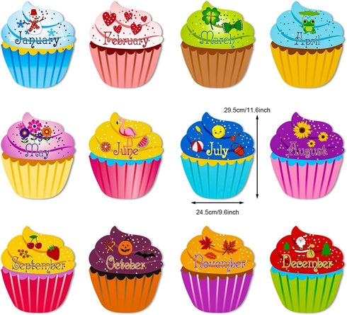 Blulu 12 Pcs Colorful Cupcake Cutouts, Birthday Classroom Bulletin Board Decorations, 9.6 x 11.6 Inches