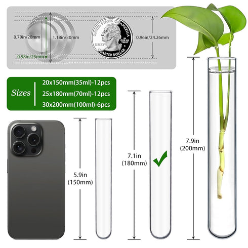 12pcs Glass Test Tubes 70ml, 25x180mm Borosilicate for Scientific Experiments, Party, Home Decorations, Plant