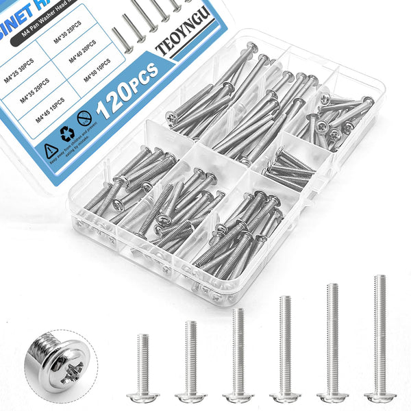 120PCS Assortment Cabinet Pull and Knob Screws: M4 25/30/35/40/45/50mm Machine Screws with Pan Washer Head for Drawer