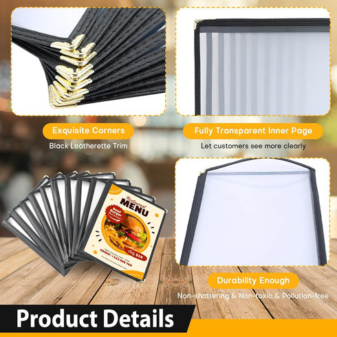 FLK Tech 10 Pack 4 8 8.5 11 Inch FLKQC Page Menu Covers, View x Clear PVC Menu Holder, Double Stitched Restaurant Menu
