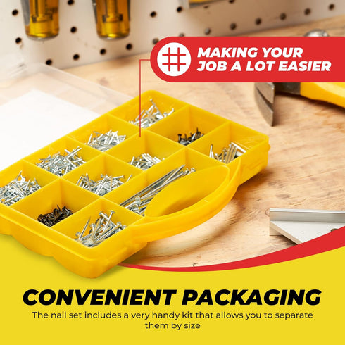 Top Quality Nail Assortment Kit - Over 1800 Multipurpose Hardware Nails in 11 Sizes - Non Bendable & Sturdy Box