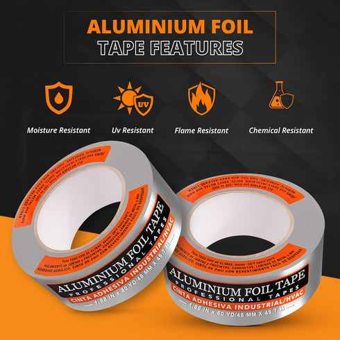 Aluminum Foil Tape - High Temperature Professional Grade for Ductwork, HVAC Tape, 2 Inch by 150 Feet, Pack of 6