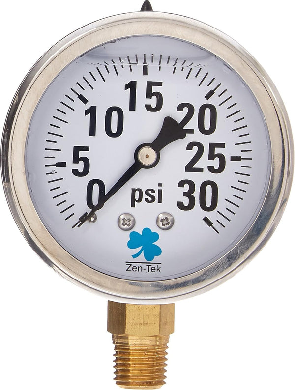 Zen-Tek Glycerin Liquid Filled Pressure Gauge, 30 PSI - Zenport LPG30