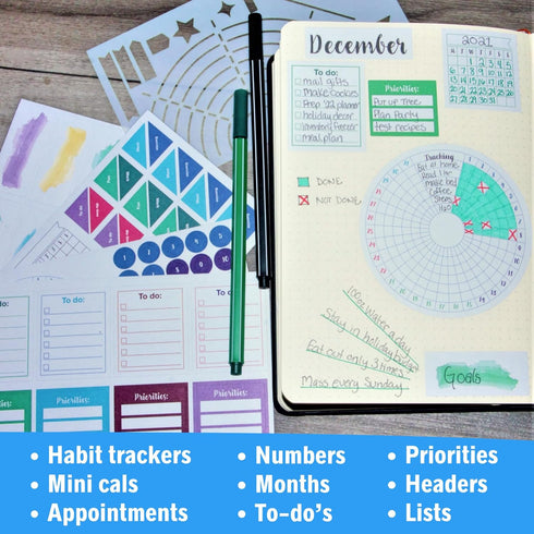 Ultimate Productivity Stencils & Stickers by Sunny Streak - x20 Sheets Planner Stickers, x6 Stencils, Goals