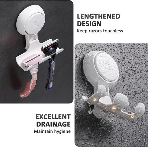 2 Pack, LEVERLOC Razor Holder for Shower Powerful Suction Cup Shower Hooks for Towel, Loofah, Razor, Squeegee
