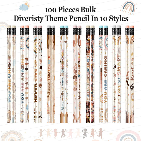Gerrii 100 Pcs Inspirational Pencils Bulk Diversity Motivational Pencils Boho Rainbow Back to School Pencils with Eraser for Kids Affirmation Gifts Classroom Rewards First Day of School Supplies by Gerrii