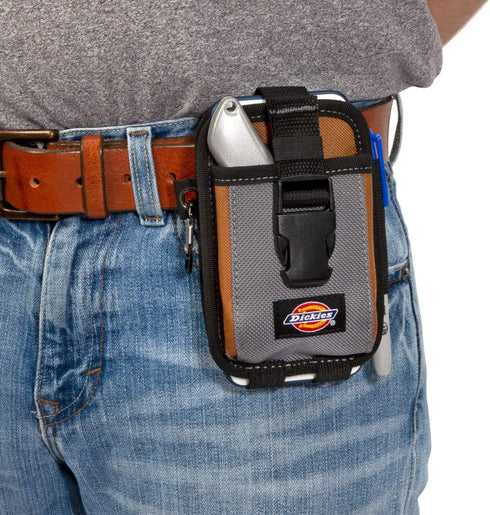 Dickies 2-Compartment Large Phone Pouch - Universal-fit Steel Clip for Tool Belt, Security Strap Over Phone