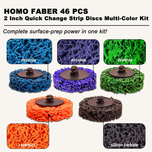 46 2 Inch 1/4" HOMO FABER PCS Quick Change Strip Discs Multi-Color Kit - Paint & Rust Removal Wheel for Die