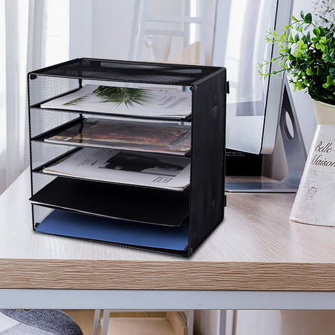 EASEPRES 5 Slot Mesh Desk Organizer Tray, File Paper Letter Folder Holder for Office Home School Classroom, Black, 2