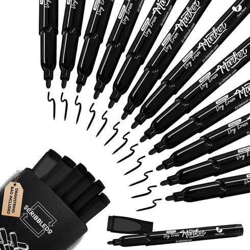 Scribbledo 12 Pack Magnetic Dry Erase Markers, Black Fine Tip with Eraser Cap for Home, School & Office