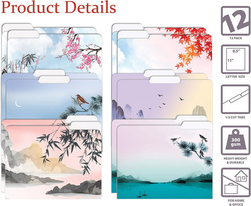 Better Office Products Decorative File Folders, 12 Pack, 6 Unique Designs, Heavyweight, Letter Size