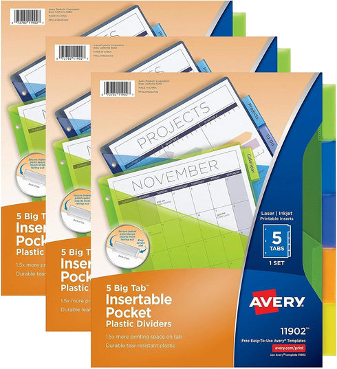 Avery Big Tab Insertable Plastic Dividers with Pockets, 5 Multicolor Tabs, Pack of 3