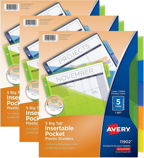 Avery Big Tab Insertable Plastic Dividers with Pockets, 5 Multicolor Tabs, Pack of 3
