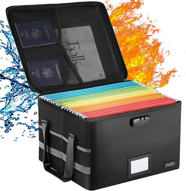 Upgraded File Box with Lock - Fireproof Document File Organizer Box with Water-Resistant Zipper & Adjustable Handle -