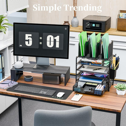 Simple Trending 5 Tier Mesh Desk File Organizer with Sliding Drawer, Paper Letter Tray for Office Home, Black
