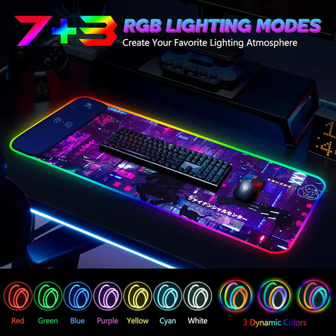 RGB Mouse Pad with 15W Wireless Charging, Purple Anime Neon Extended Large LED Gaming Pad, 10 Light Modes for Home