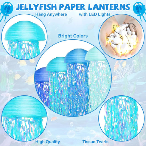 Lonfliness 12 Set LED Jelly Fish Paper Lanterns with Lights Blue Hanging Jellyfish Party Decoration Under The Sea Light