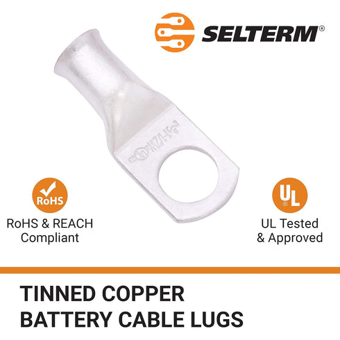SELTERM 10pcs 1 AWG-1/2" Stud Tinned Copper Wire Lugs, Heavy Duty Battery Cable Ends, UL Marine Grade