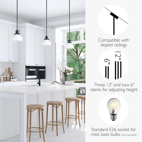 Dimmable, 8 8 57.63 588327 Design House Savannah Rustic Farmhouse Pendant Light, Matte Black, White Metal Shade, in x